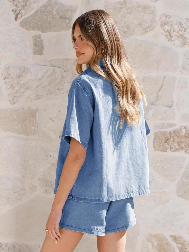 2025 Vintage Denim Two-Piece Set: Women's Loose Short-Sleeve Shirt & Shorts
