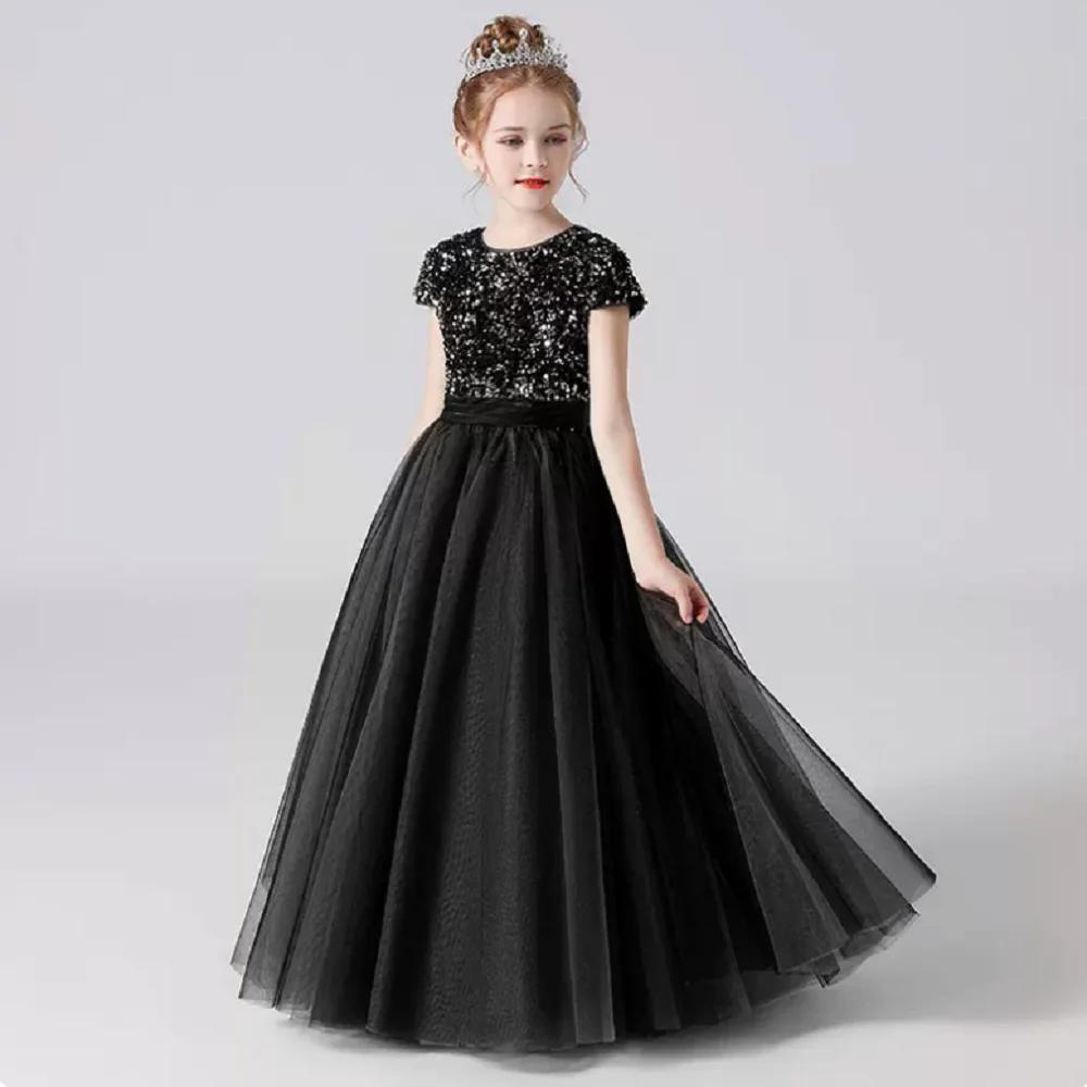 Princess Dress for Children Sparkly Sequin Short Sleeve Flower Girl Dress Tulle Kid Birthday Party Pageant Prom Gown Junior Bridesmaid