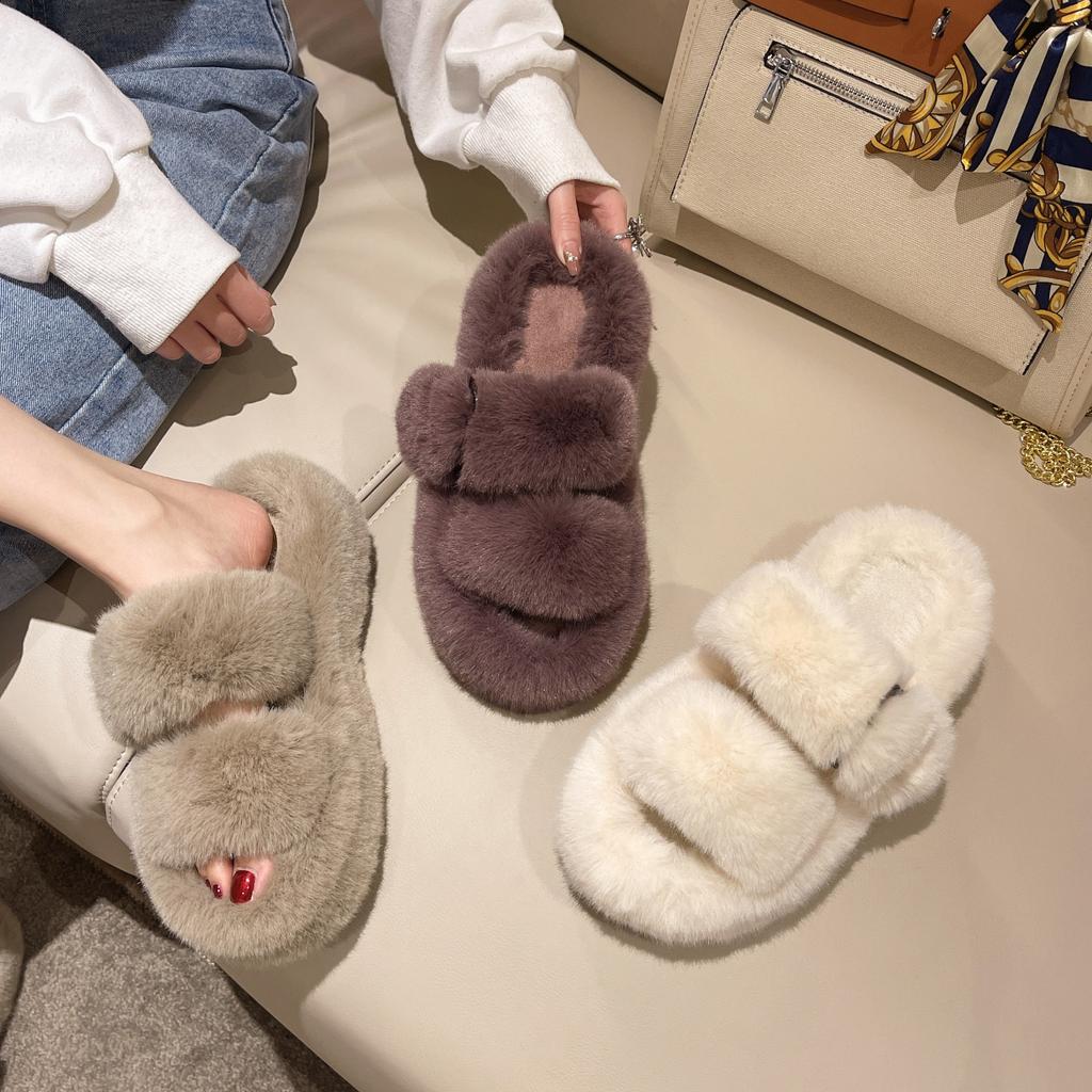 Fashion Fairy Girls Fur Pantuflas Women Big Size 42/43 Shoes Winter White Wool Slides Home Flats Platform Loafers Buckle Strap Sandals