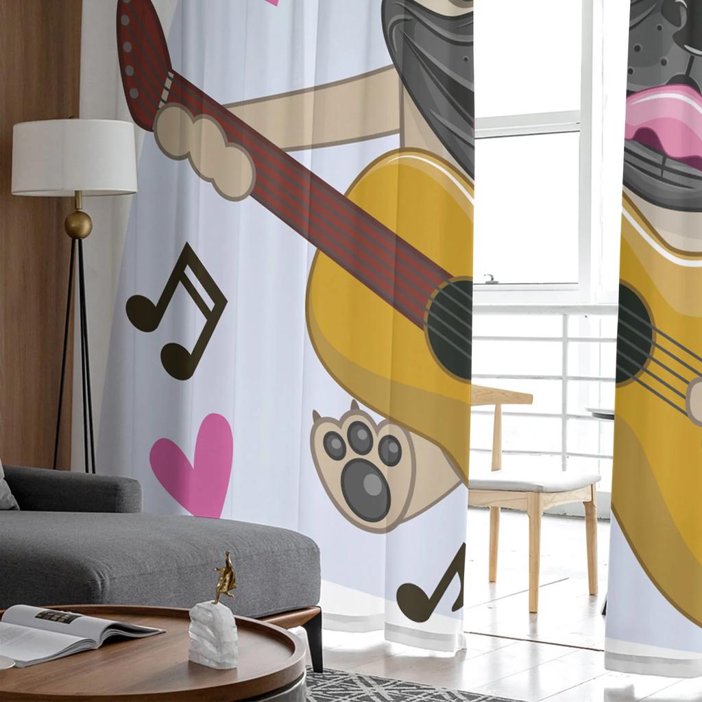 Pug Dog Music Funny Curtain Living Room Voile Window Blinds Bedroom Tulle Drape Kitchen Cortinas Hall Curtains With Sheer Polyester Perfect For Great