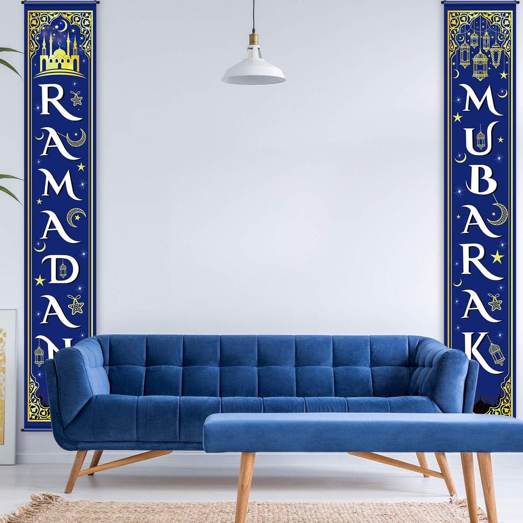 Blulu Ramadan Mubarak Door Banner Ramadan Porch Sign Banner Eid Mubarak Decoration Muslim Hanging Door Decoration for Indoor Outdoor Decor Eid