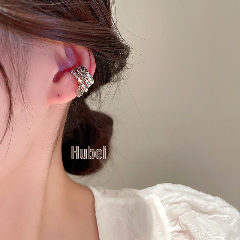 Geometric Zircon Inlaid Heart Ear Clips - Three-Layer Metal, Cold Style, High-End Earrings for Women