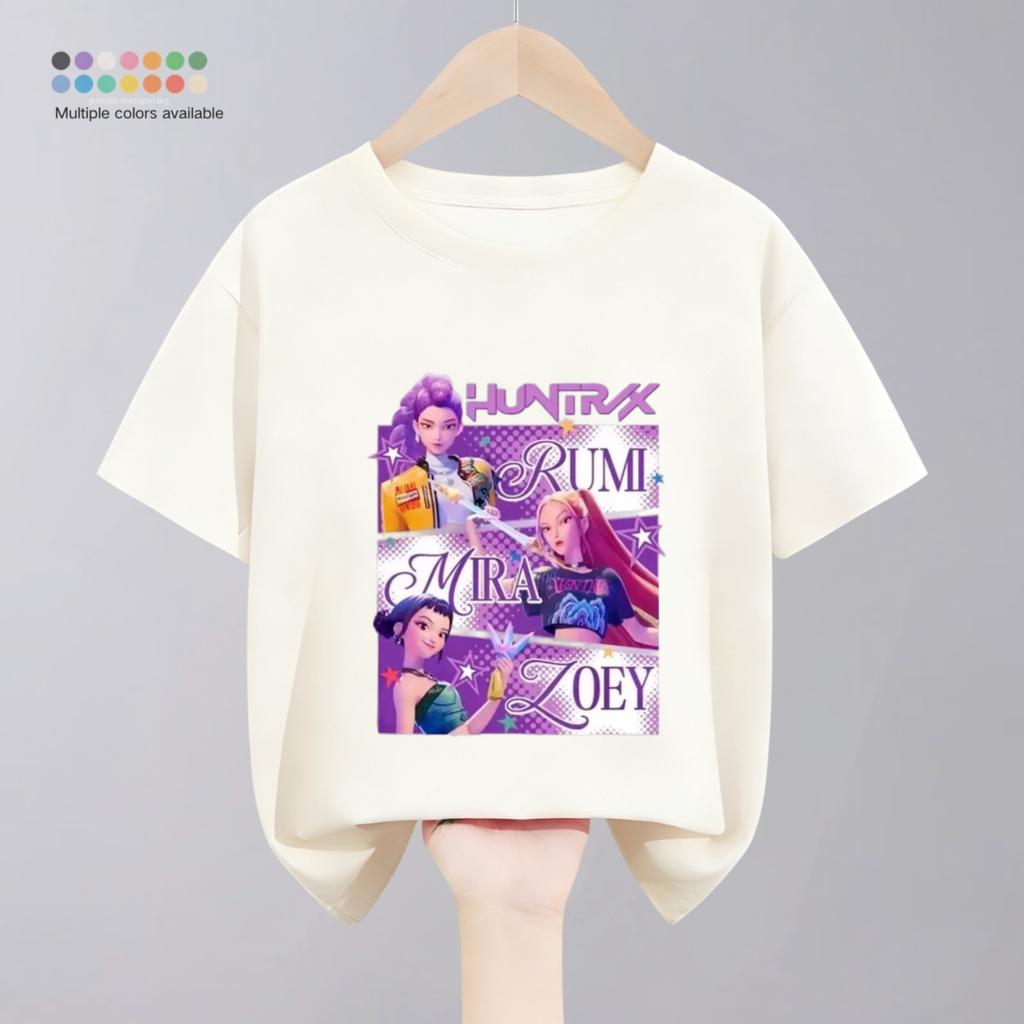 Solid Color Simple Fashion Kids Huntrix T-shirts Tops Short-sleeved Children's Clothing Korean Popular Cartoon Tshirt 1-11 Age