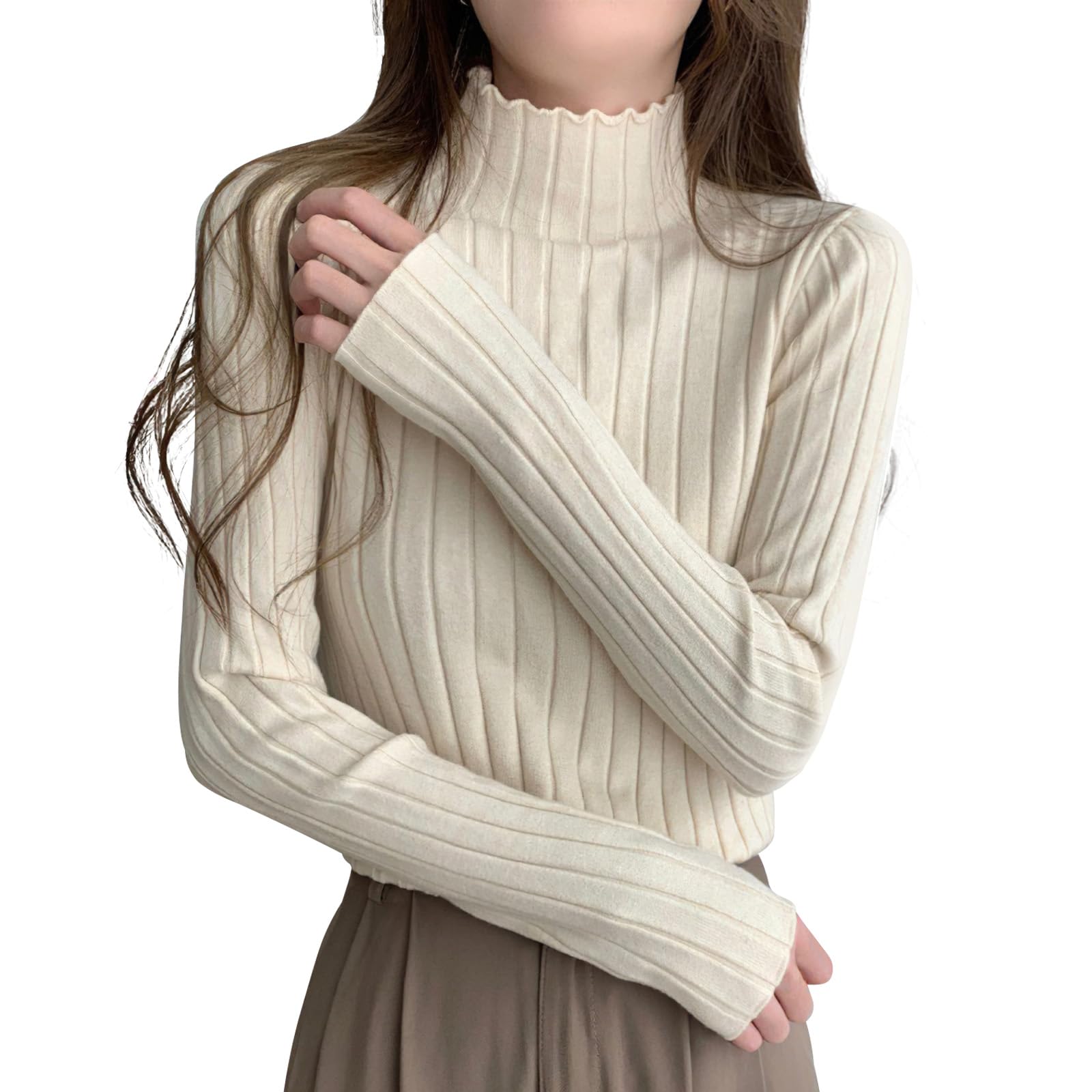 

YUMISS Свитер в рубчик для мягкого, роскошного, очень облегающего, длинного кроя, высокий, доступен в девяти цветах, женский, осенне-зимний [Элегантный материал, Облегающий, Текстура] бежевый