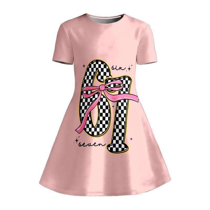 Little Girls Cute Cartoon Dinosaur Checker Number Bow Print Round Neck Short Sleeve A-Line Kids Summer Swing Dress