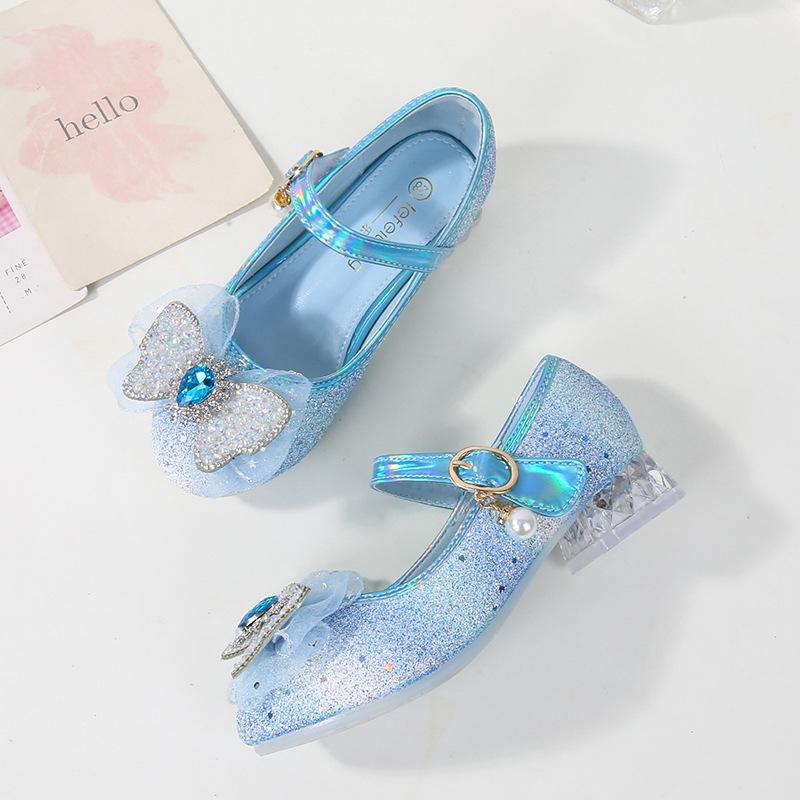 

2026New girls princess shoes with sequin bows and crystals, performance shoes for little girls, soft-soled high heels 38 синій