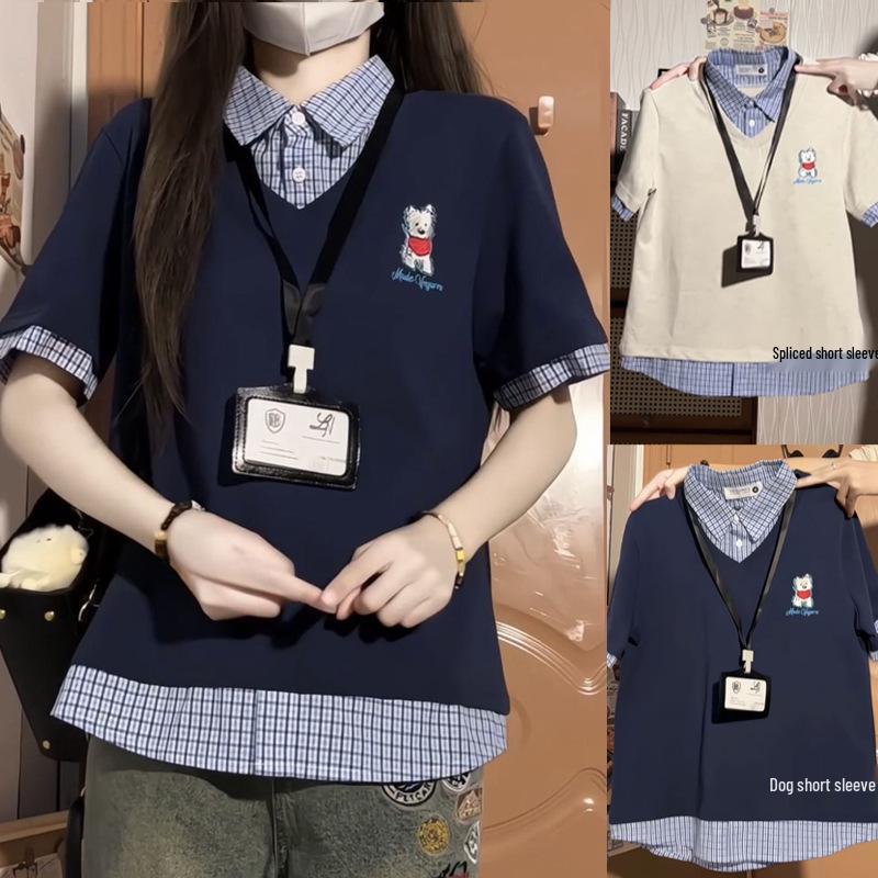 

Women s Retro Puppy Print Plaid Polo Collar Cotton T-Shirt XL [For 120-135 pounds]