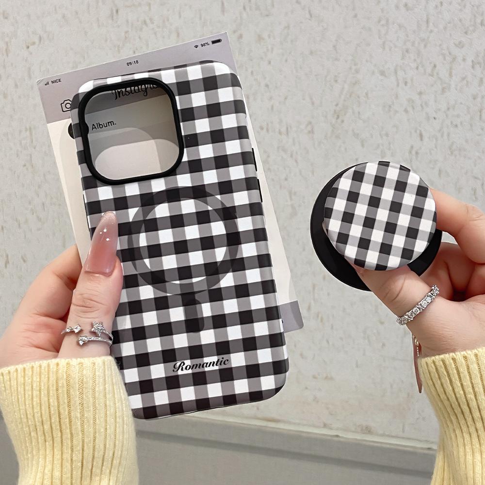 Korean plaid magnetic suction 2-in-1 suitable for Apple 16Promax mobile phone case 17 bracket 15 protective case 13/11