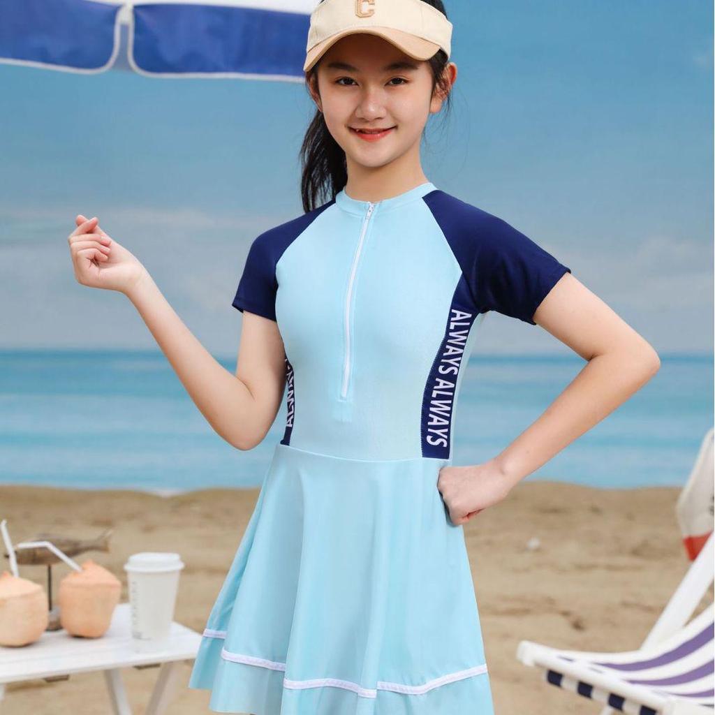 2023 Sporty One-Piece Skirted Swimsuit for Girls - Short-Sleeved, Plus Size, Hot Spring Swimwear for Kids