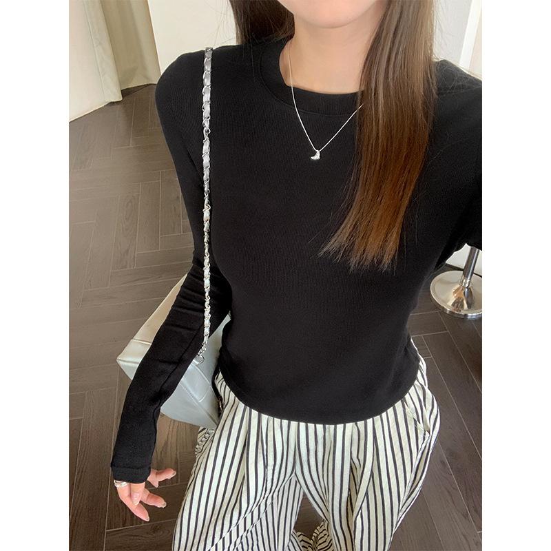 Small round neck slim long-sleeved bottoming shirt for women 2024 autumn new design ribbed T-shirt right shoulder top