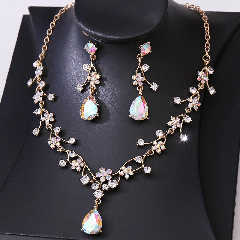 Luxury Colorful Crystal AB Water Drop Flower Bridal Jewelry Sets Rhinestone Necklace Earrings Wedding Dubai Jewelry Set