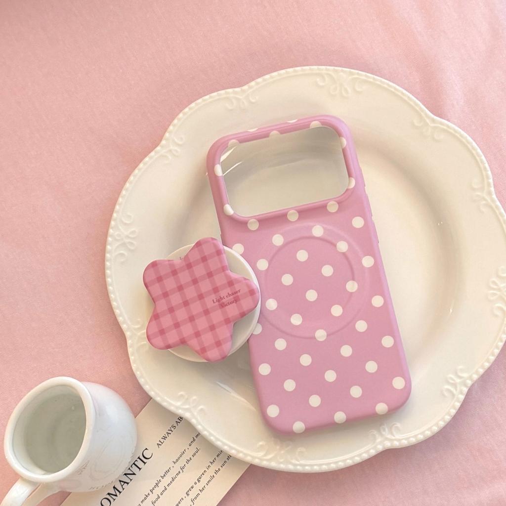 Korean Full Screen Polka Dots With Plaid Stars Magnetic Bracket Phone Case for 17 16 15 14 Pro Max Shockproof Soft Cover