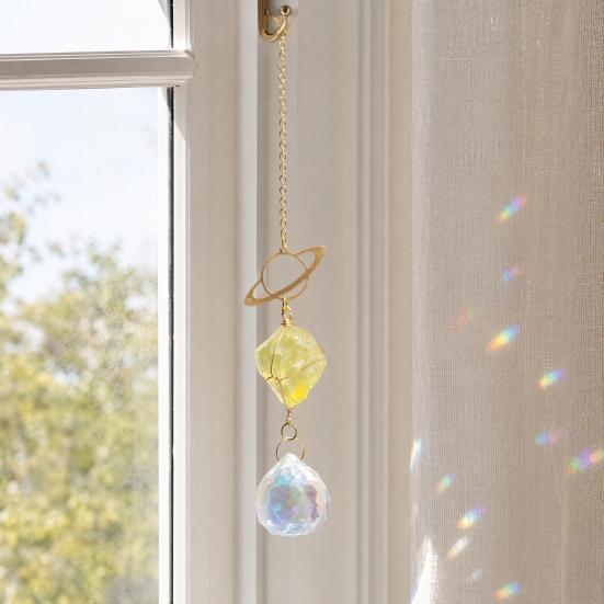 Crystal Sun Catchers for Windows, Colorful Healing Light Crystal Suncatcher, Prism Crystal Hanging Pendant with Chains, Gold-Plated Wind Chimes,