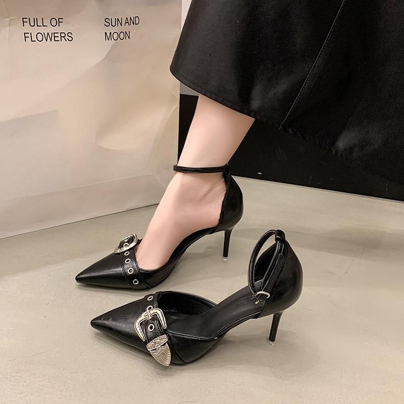 

Fashion New One-line Pointed Toe Stiletto Rivet High Heels Feminine Buckle Punk Style Hollow Single Shoes 41 чёрный