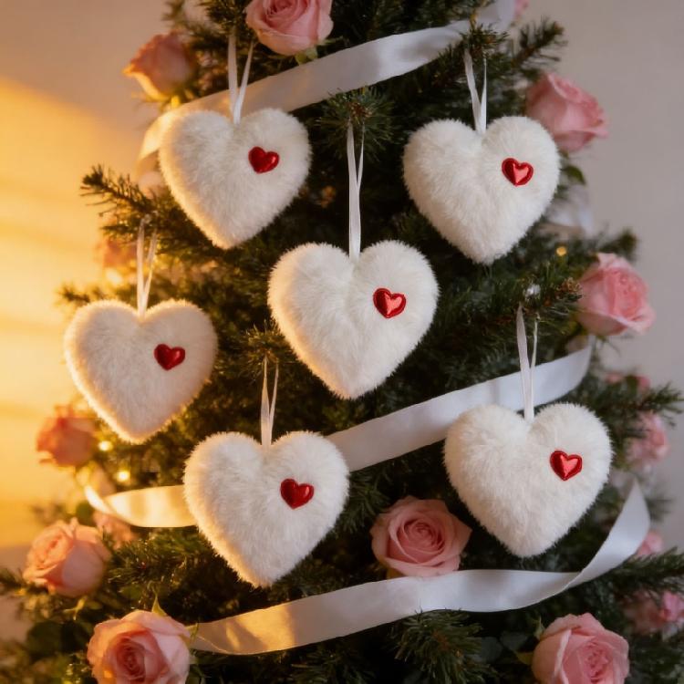 Festival Rabbit Hair Ball Heart Ornament Feature Ribbon Hanging Adornment For Holiday Party And Home Decors Accent