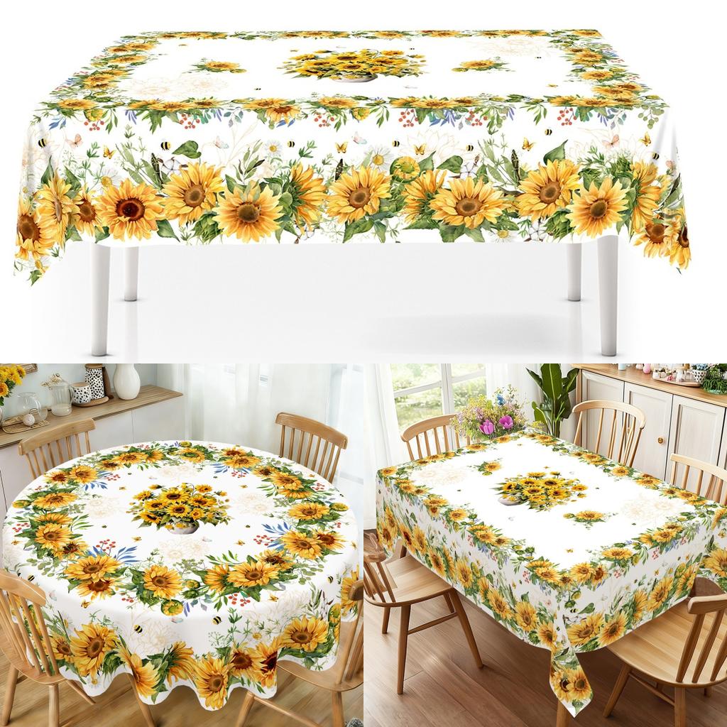 Vintage Sunflower Garden Polyester Tablecloth Waterproof Stain Resistant Wrinkle Free Rectangular Round Table Cover