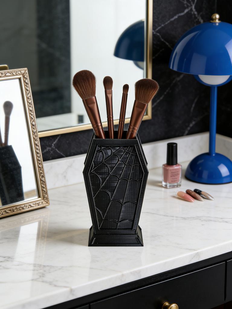 Gotisch Dunkel Halloween Sarg Spinnennetz Make-up Pinsel Aufbewahrungsbox Stifthalter Einzigartiges Spinnennetz Design Dekoration
