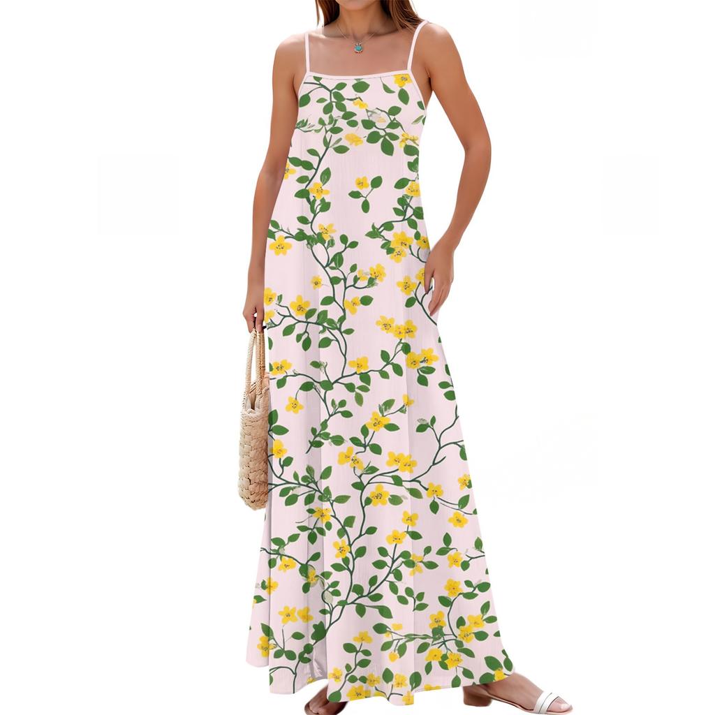 Women's Spring And Summer Casual Fashion Adjustable Suspender Printing Long Dress