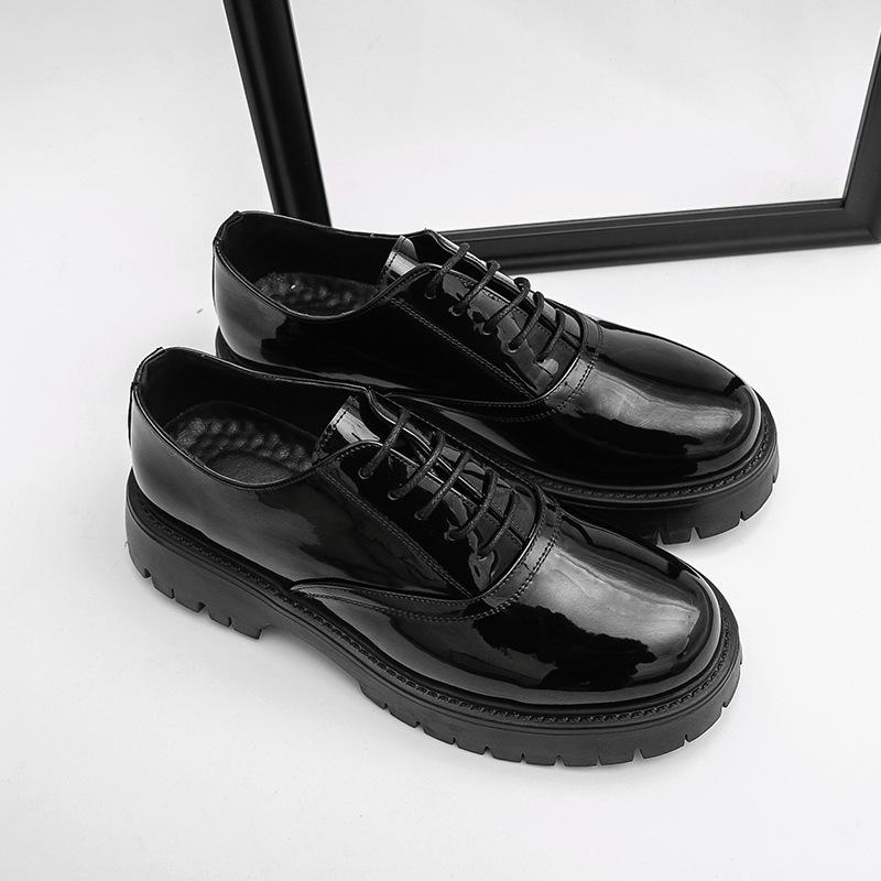 Men s Patent Leather Height-Enhancing Cap-Toe Loafers with Chunky Heel Size 42
