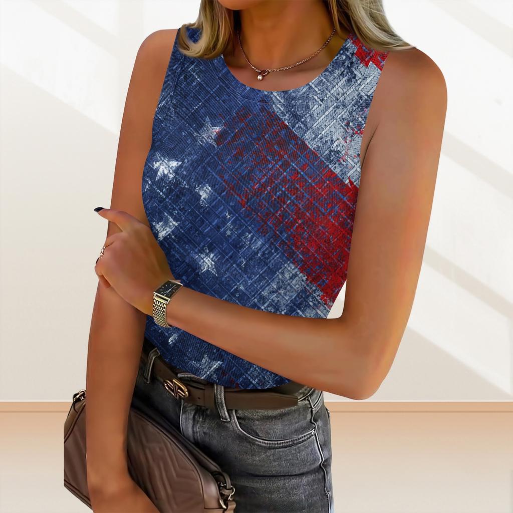 Women's Summer Fashionable Casual Independence Day Printed Round Neck Sleeveless Top Fitted Vest