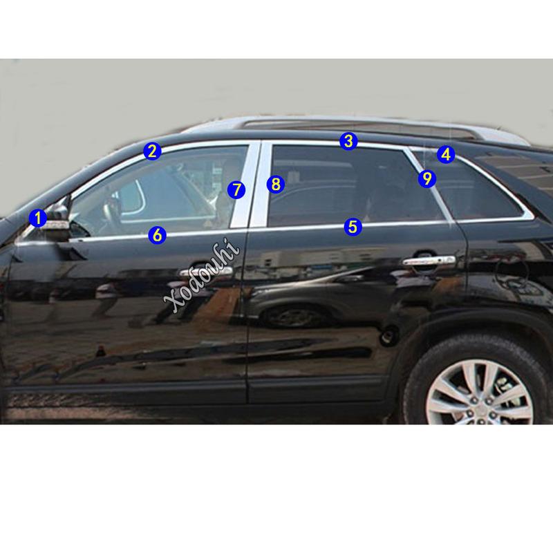 For Kia Sorento L 2009 2010 2011 2012 Car Body Stainless Steel Glass Window Garnish Pillar Middle Strip Trim Frame Lamp Hood