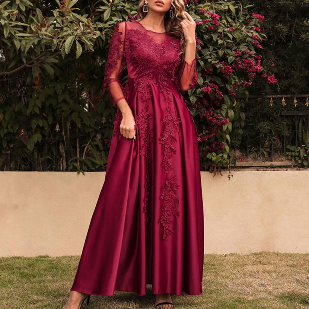 Women's Fashion Solid Color Lace Big Swing Sexy Long Dress Trailing Party Evening Gown