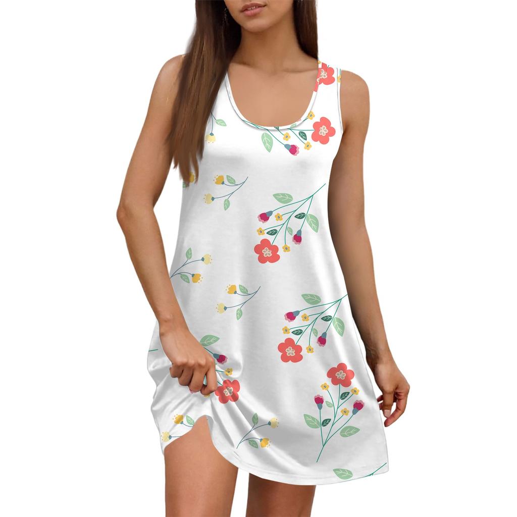 Robe d'été décontractée à imprimé floral et col carré pour femme, sans manches, avec poches