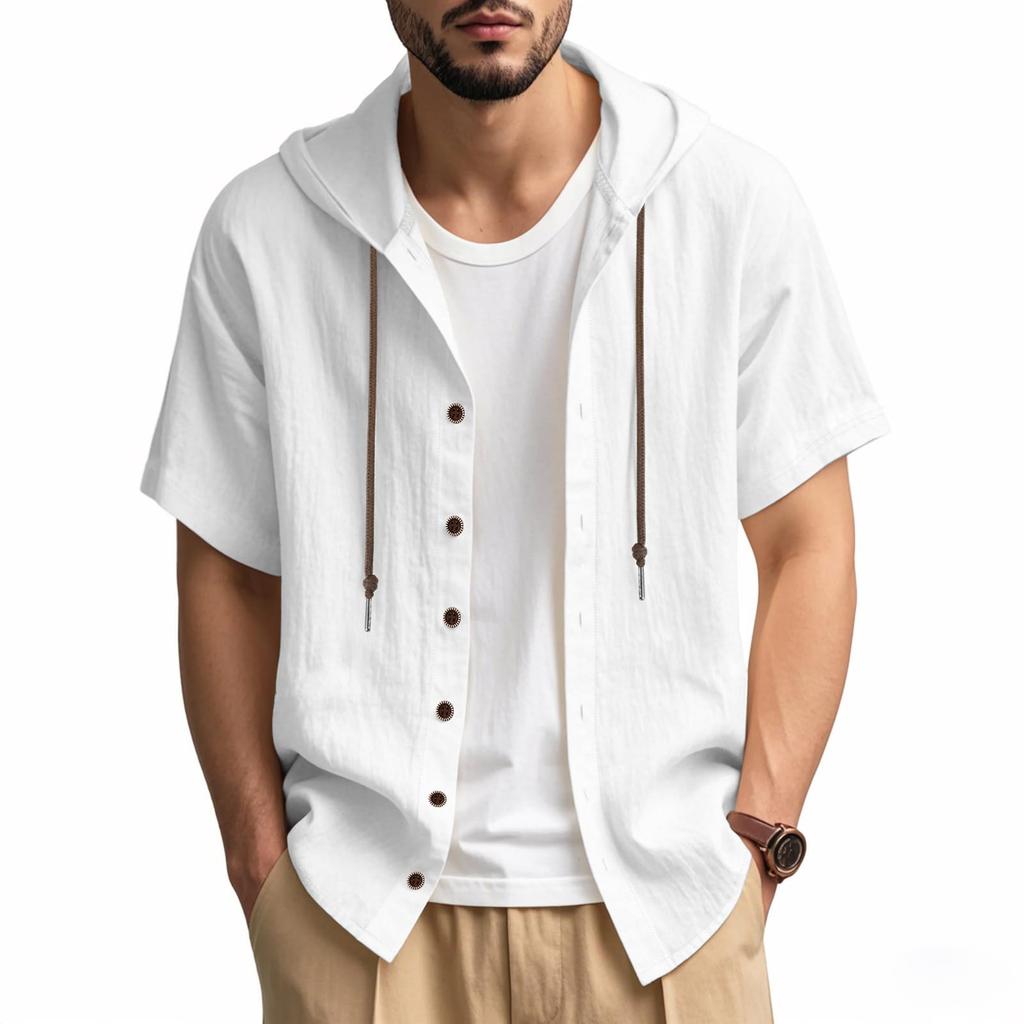Summer Cotton Linen Shirt for Men Hooded Short Sleeve Solid Color Breathable Lightweight Drawstring Design Shirts Casual Basic Tees
