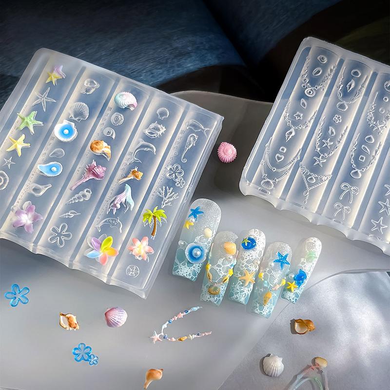 1/2/4PCS Ocean Series 3D Silicone Nail Mold Sea Shell Conch Starfish Jellyfish Soft Charm Manicure Stencil Stamper Tool