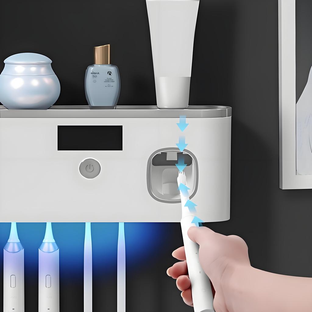Smart Toothpaste Dispenser Set - Wall-Mounted Organizer with Cup & Brush Holder BPA-Free ABS (Kids-Friendly Adhesive Mount)