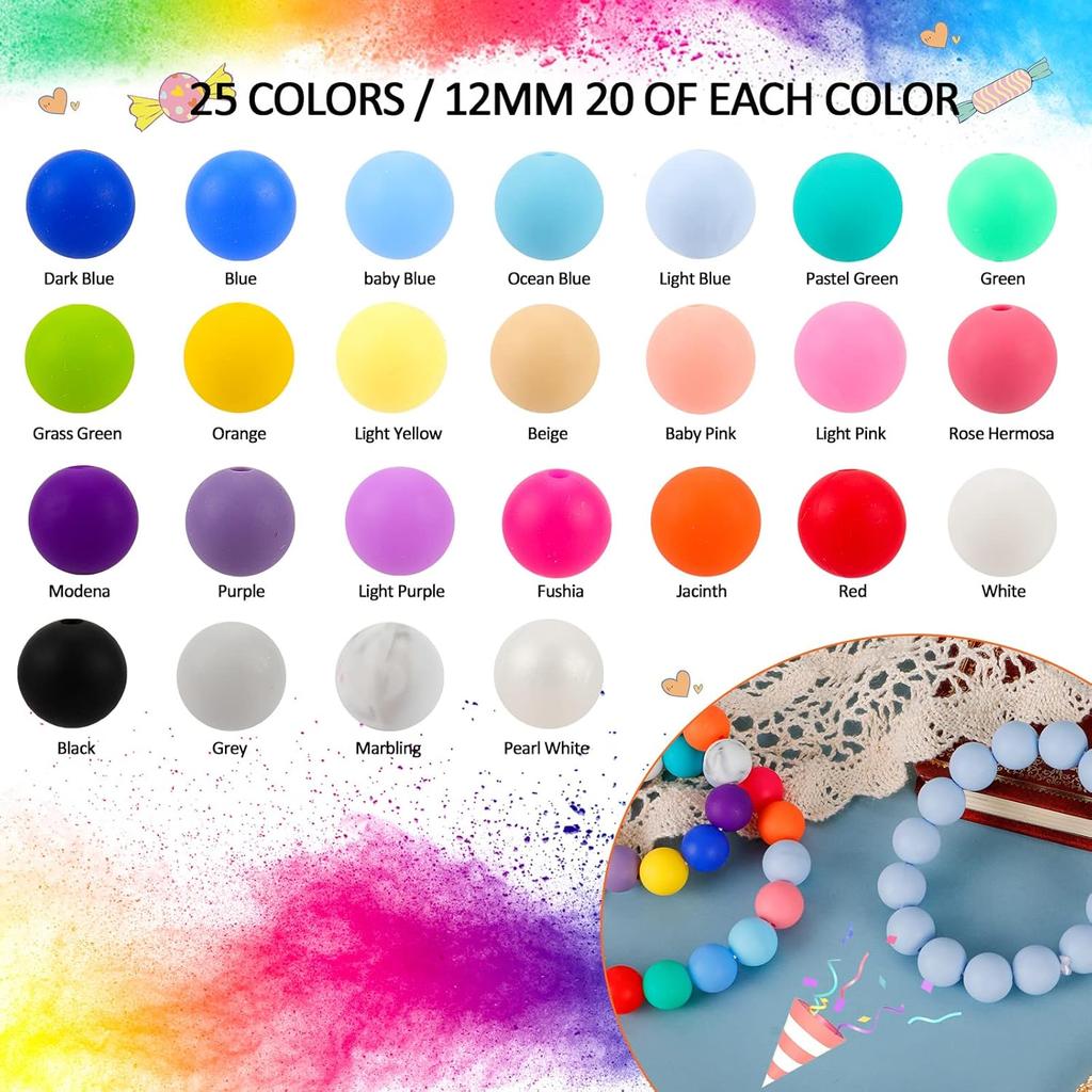 Keyzone Silicone Beads Bulk Kit 500Pcs 12mm, Silicone Beads for Keychain Making Round Shapes 25 Multicolor, DIY Necklace Bracelet Rubber Beads for