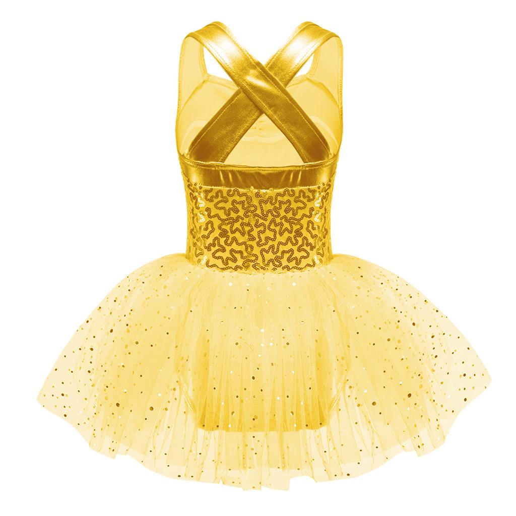 Girls Sleeveless Dance Dress with Shiny Sequins Crisscross Back and Tutu Mesh Skirt
