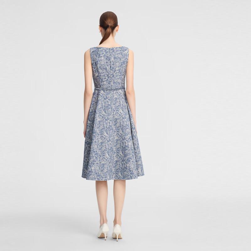 ELLASSAY Elegant Blue Jacquard Sleeveless Midi Dress