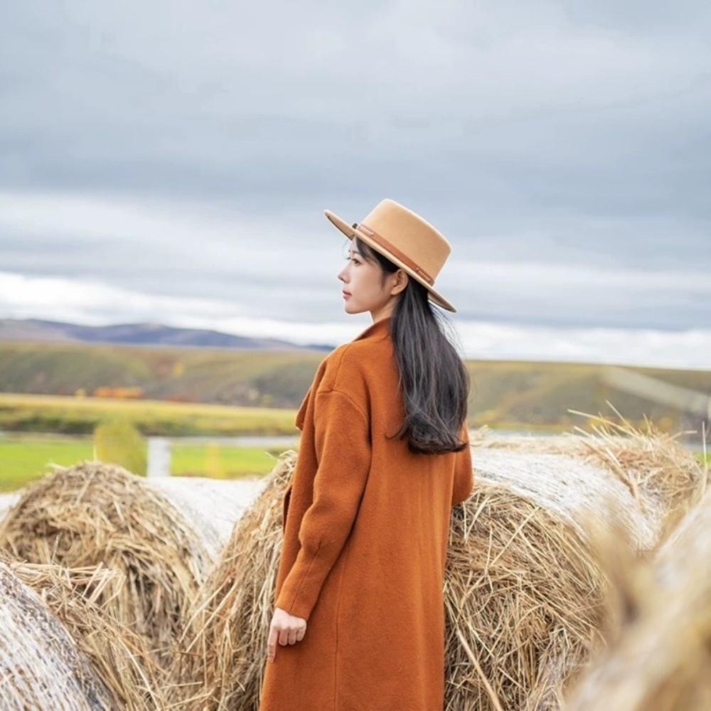 Belt Buckle Felt Hat Elegant Women Jazz Hat Trendy Woolen Flat Top Hat Outdoor Activities