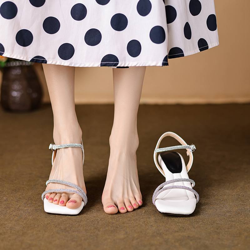 Krazing Pot Vollnarbenleder Peep Toe Stiletto High Heels Kristallperlen Sommer Schuhe Größe 44 Größe 43 Damen Luxus Sandalen