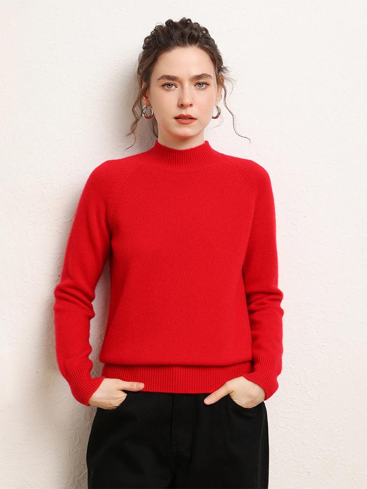 Women's Versatile Cashmere Sweater: Plain Color, Autumn/Winter, Half-High Neck, Raglan Sleeves, Double Ply, Thickened Base Layer.