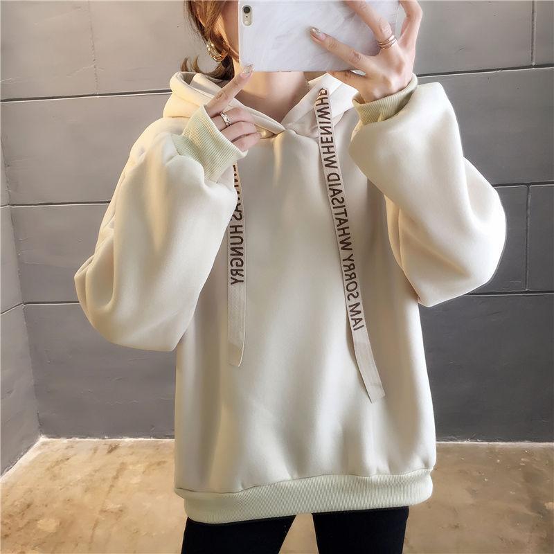 Hooded sweater women's autumn and winter raw loose girlfriends clothes fleece thickened top