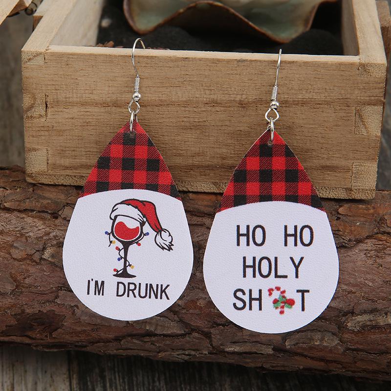 Double-Sided Leather Earrings with Red Plaid Christmas Wine Glass Design