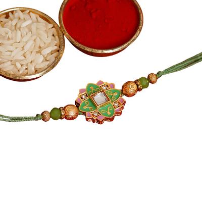 Set: Rakhi, Sindoor and Rice Bracelet, Green & Pink Meenakari Rakhi and Roli Chawal Set,