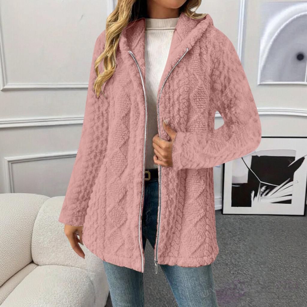 Damen Modische Einfarbige Langärmlige Lockere Kapuzen-Plüschjacke mit Reißverschluss