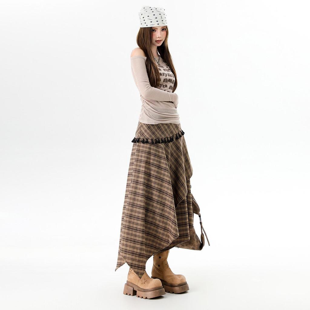 Women's Irregular Plaid Tassel A-line Skirt with Embroidery - High Waist, Slimming Fit, Mid-length for Autumn/Winter