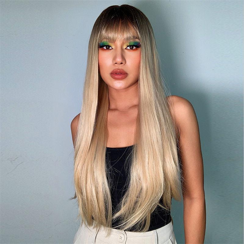 Cover Bangs Gradient Gray Long Silk Wigs High Temperature Chemical Fiber Wig Head Straight Hair
