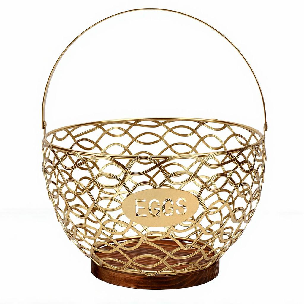 Egg Basket Multifunctional Wire Egg Collecting Basket with Wooden Base for Kitchen Countertop