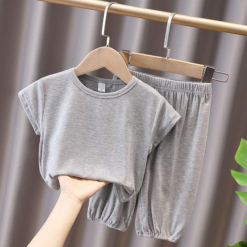 Children's Solid Color Short Sleeved Pants Set Summer Thin Home Clothes Men's and Women's Sleepwear Mosquito Repellent Pants Two-piece Set