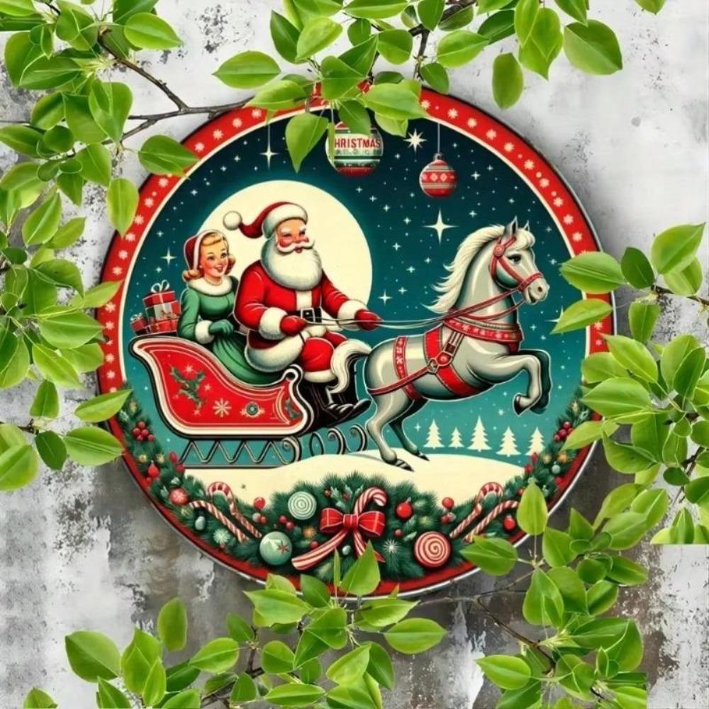 Vintage Christmas Santa Sleigh Ride Aluminum Metal Tin Wall Art Home Decor