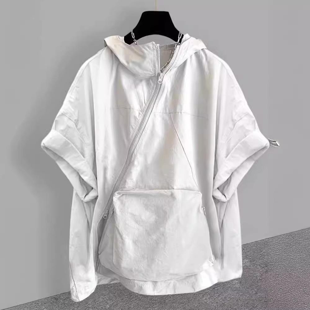 Zipper Design Hooded Short-sleeved T-shirt Men's Summer Korean Version of The Trend of Tooling Large Pocket Half-sleeved