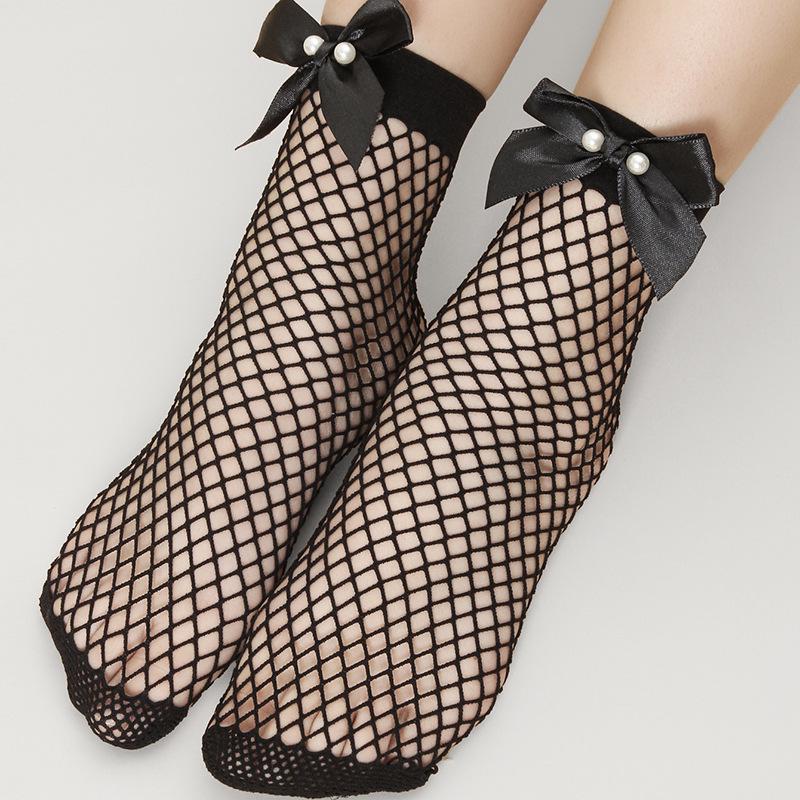 

2024 Hollow Fishnet Stockings with Pearl Bow – Black Mesh Mid-Calf Women s Socks One Size чёрный