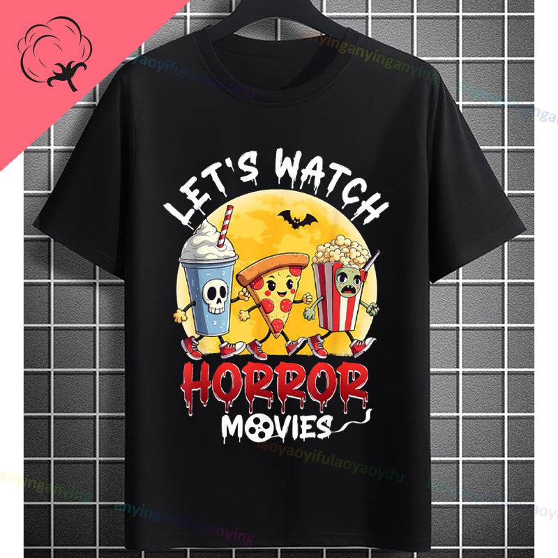 Retro Lets Watch Horror Movies Design Halloween Movie Lovers Graphic Tshirt Short Sleeve 100cotton Originality Casual Tshirt