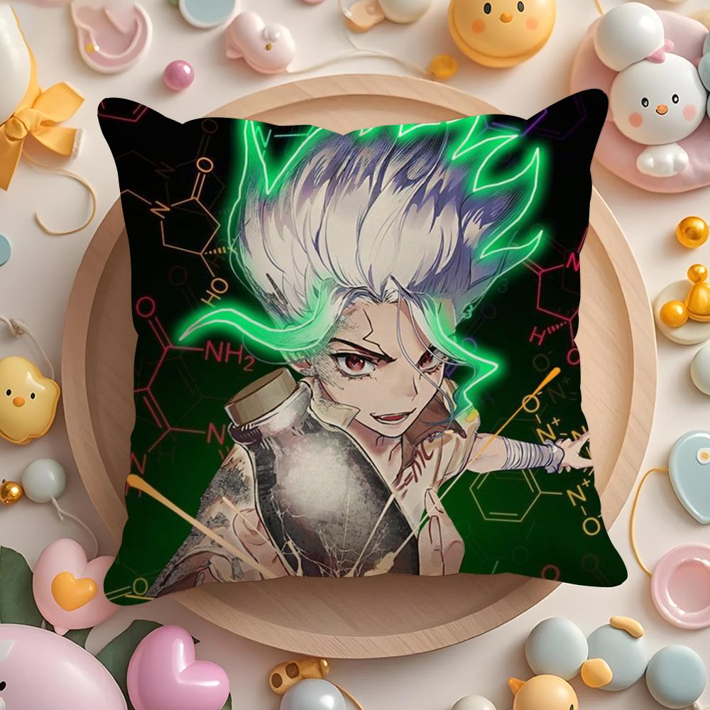 D-Dr.Stone Anime Cushion Cover Plush Fabric Soft Double-Sided Printed Sofa Warm Winter Home Gift Pillow Cover