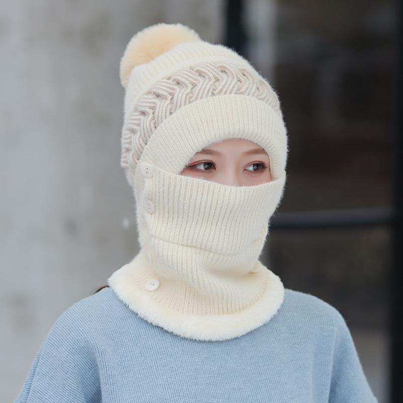 One-piece hat women's hollow knitted plush wool one-piece hat outdoor cycling cold protection ear protection winter